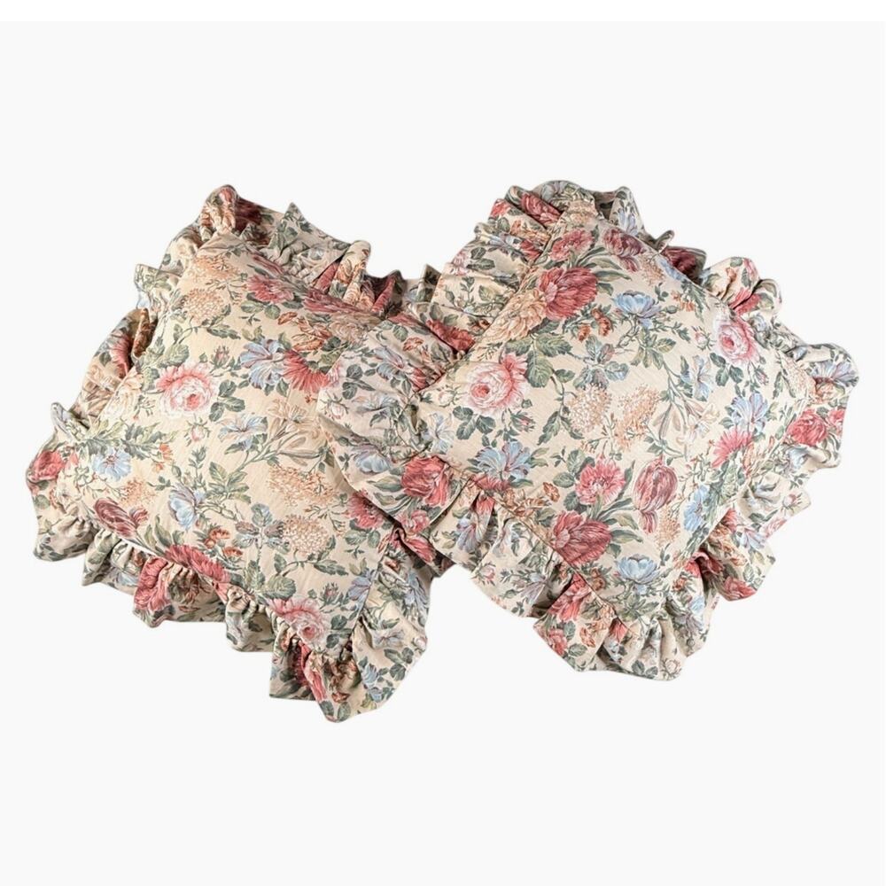 VTG Floral Ruffled Throw Pillows Cottagecore Shabby Chic Grandmacore Cluttercore - Picture 2 of 5